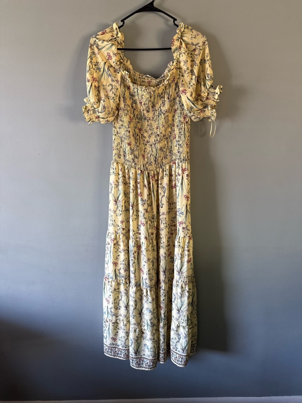 Max Studio Yellow Floral Smocked Maxi with Puff Sleeves